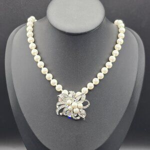 Hand Knotted Faux Pearl Necklace with Removable Pearl & Rhinestone Brooch 20" L